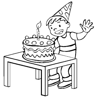 Happy Birthday coloring pages of cake and party hat