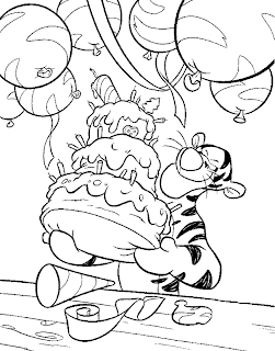 Birthday coloring pages of Tigger eating a big birthday cake