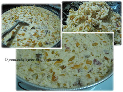 Preparing pumpkin and rice flour mixture for Chinese-styled savoury steamed pumpkin cake