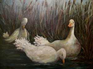 "Paradise Pond", three white ducks  SOLD!