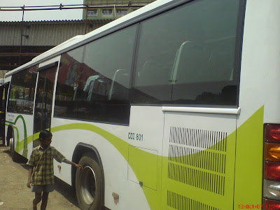 Image of MTC CHennai VOlvo Bus rear side view