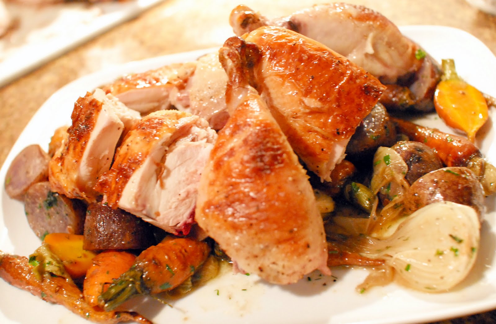 Abby & Sam's Kitchen Roasted chicken, carrots, spring onions, and blue