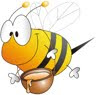 Photo of a cartoon bee with a pot of honey.