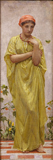 A painting, Albert Joseph Moore's _The Green Butterfly_, of a woman in yellow-green draping robes standing on a brick garden pavement in a thoughtful posture, with a butterfly fluttering on her left.