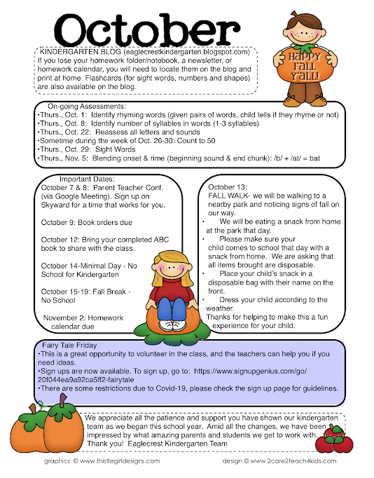 Kindergarten Corner October Info (Homework Notebook/Folder)
