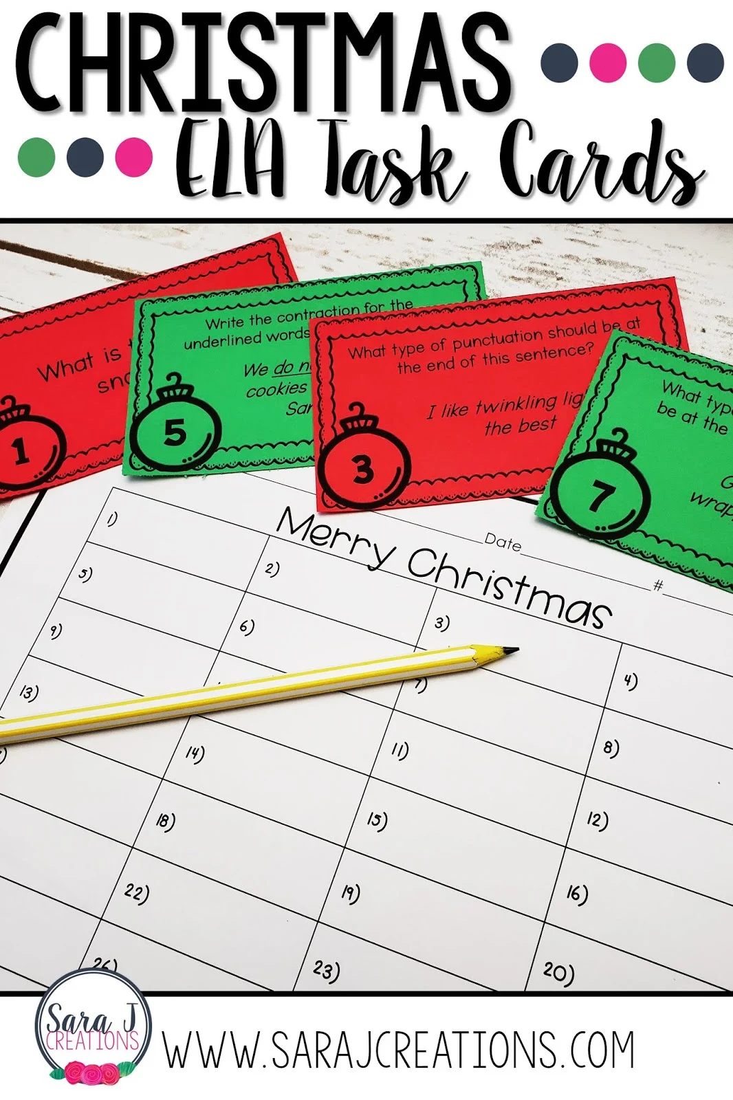 Christmas themed task cards that practice a variety of ELA skills. Review a variety of language arts and literacy topics for second or third grade with these cards. Punctuation, vowels, contractions, parts of speech and more!