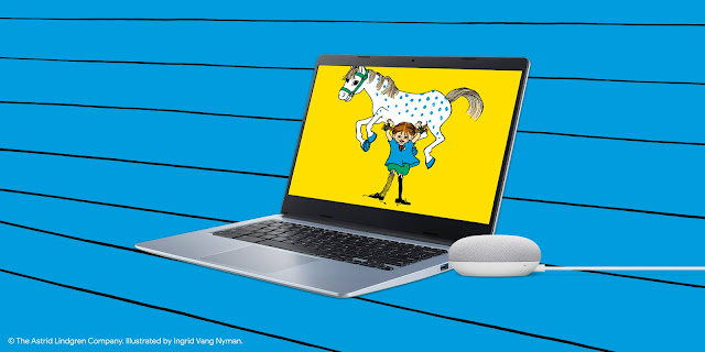 Een illustratie van Pippi op het scherm van een Chromebook en een Google Nest Mini ernaast.