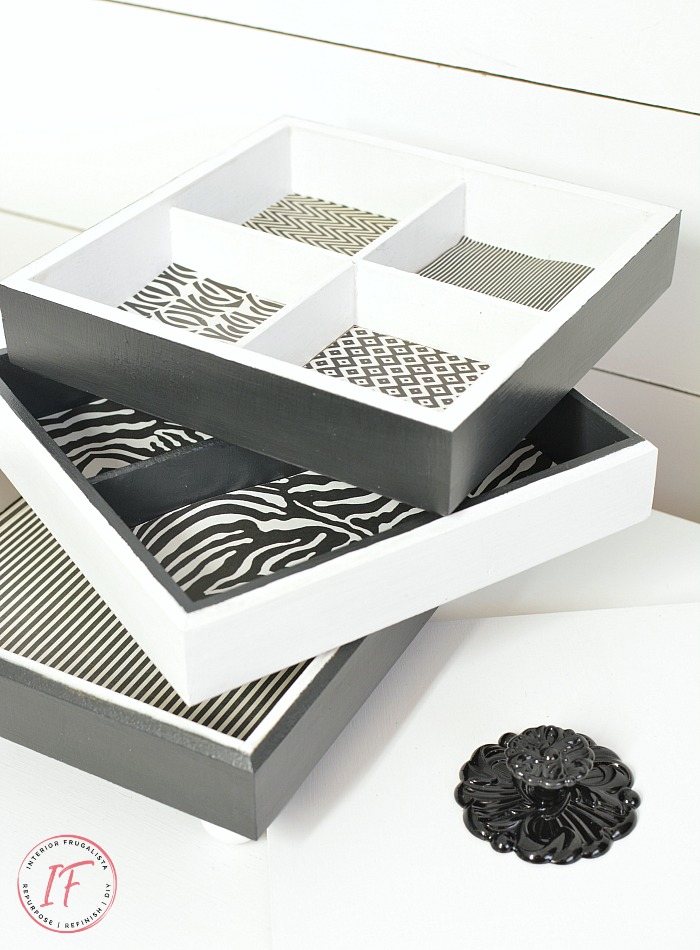 Upcycled Whimsical Black And White Stacking Keepsake Box Interior