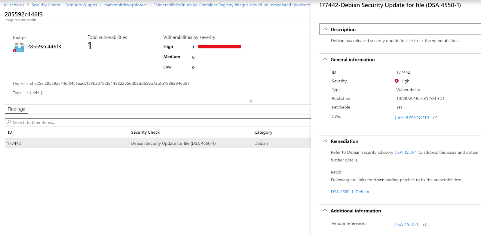 Screenshot of a scan result showing an important CVE fixed with the implementation of this blog article.