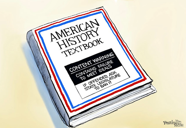 Picture of book with the following on the cover:  American History Textbook.  Warning:  Contains Failure To Meet Ideals.  If Offended, Ask State Legislature To Ban It.