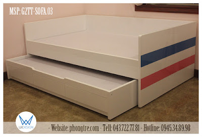 Giường 2 tầng thấp 1m2 kiểu sofa trang trí kẻ ngang màu yêu thích của 2 bé G2TT-SOFA.03