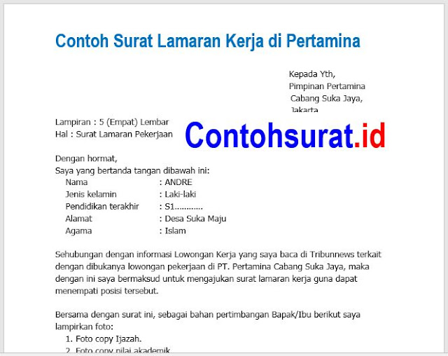 Contoh Surat Lamaran Kerja di Pertamina / SPBU/ POM bensin Contoh Surat Lamaran Kerja di Pertamina SPBU
