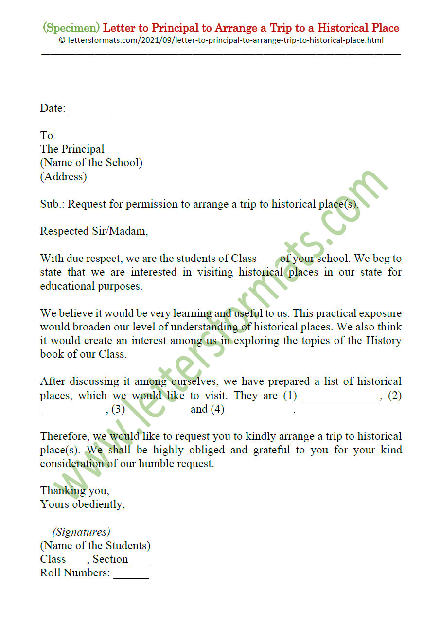 Sample Letter to Principal to Arrange a Trip to a Historical Place