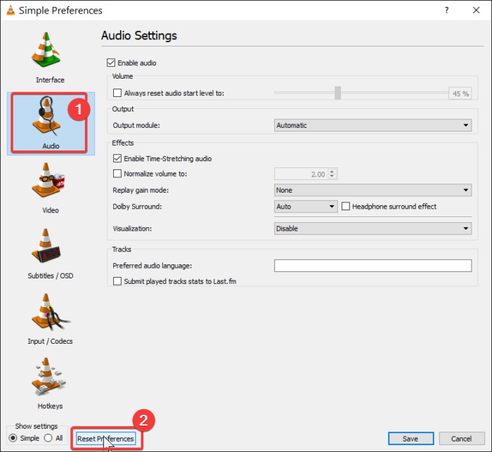 ripristina le preferenze audio vlc