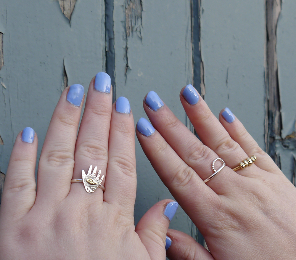 Handmade rings on Wardrobe Conversations Styled by Helen, Scottish blogger, Dundee blogger, Scottish fashion blogger, quirky style, Scottish street style, cute style, cat clothing, dressing to a theme, cat themed clothing, cat jumper, colourful outfit, colourful street style, La La Land, colourful cat jumper, pink jumper, pink and blue outfit, red head, ginger bob, clear glasses, Iolla glasses, cat necklace, silver cat necklace, gold boots, cat pose, cute cat outfit, Wardrobe Conversations