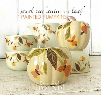 fall, autumn, fall decorating, autumn decorating, fall home decor, autumn home decor, thanksgiving decor, painting, painted pumpkins, pumpkins, pumpkin decor, pumpkin decorating, no-carve pumpkin decor, vintage style, farmhouse style, vintage jewel tea china, vintage hall china, fall leaves, diy, diy home decor, entertaining, thanksgiving.