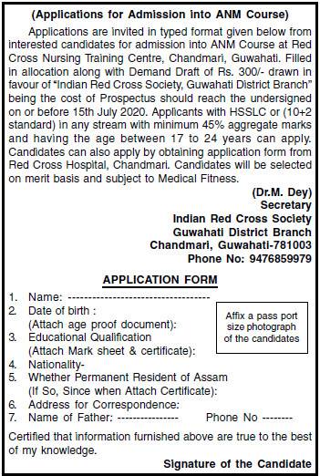 Indian Red Cross Society Chandmari ANM Admission 2020 Notification