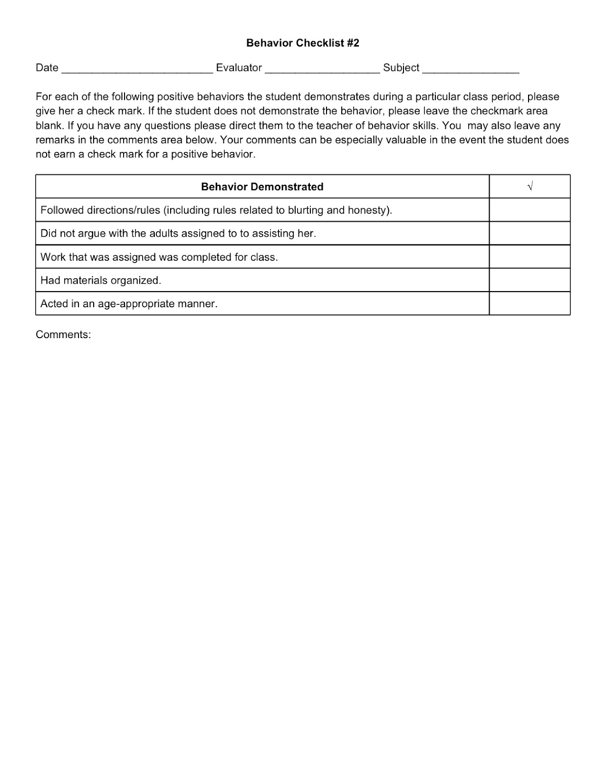 SpEd Head: Behavior Checklist #1 and #2