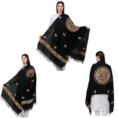 Black Stole from Kashmir with Hand-Embroidered Black Stole from Kashmir with Hand-Embroidered