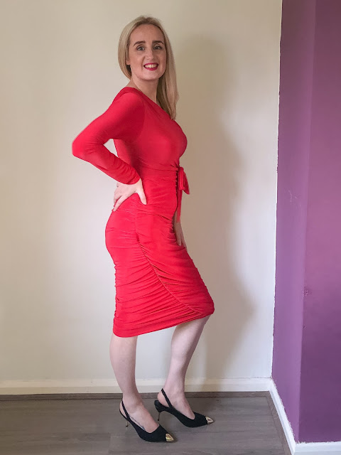 Side view of the one shoulder red dress / winter dresses from Femme Luxe