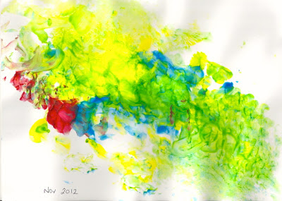 Painting - yellow, blue, red and green - hand painting by 16 month child