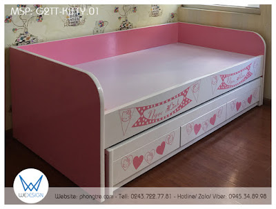 Giường tầng thấp kiểu sofa G2TT-KITTY.01 trang trí chủ đề Hello Kitty và tên 2 bé gái