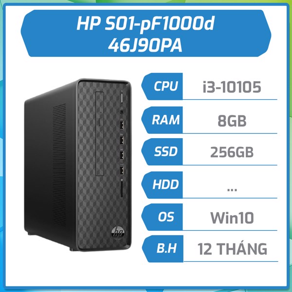 Máy bộ hãng HP S01-pF1000d I3-10105/8GB/256GB/DVDWR/ĐEN/W10SL 46J90PA