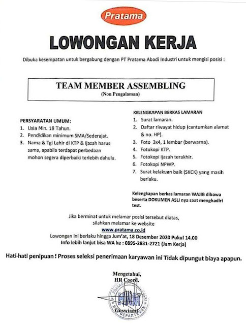 Lowongan Team Member Assembling Pratama Abadi Industri Serpong Desember 2020 Serangid