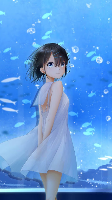 Wallpaper girl, aquarium fish, cute smile, anime