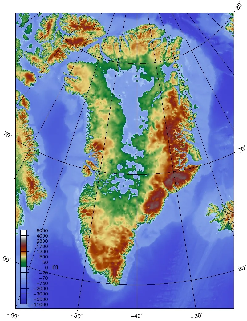 Topographic map of Greenland without its ice sheet