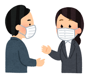 話し合う人たちのイラスト（会社員・マスク付き）