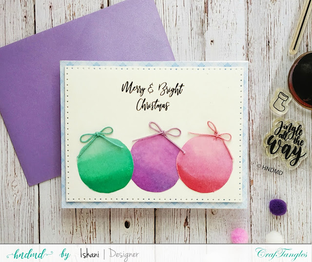 Craftangles, Christmas card, Ink blending, Hero Arts Ombre inks, stencil card, stenciling, Stretch your stamps, Quillish, CrafTangles Christmas Ornament stamp set, Christmas ornament card, Christmas baubles card, Video tutorial, Bokeh background, 
