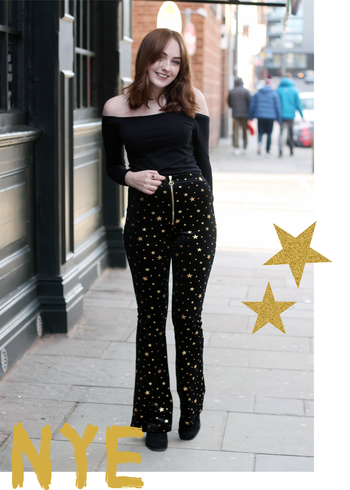 UK fashion blogger wearing black long sleeve off the shoulder top with black and gold star print velvet flares from top shop with asos heeled black boots for nye