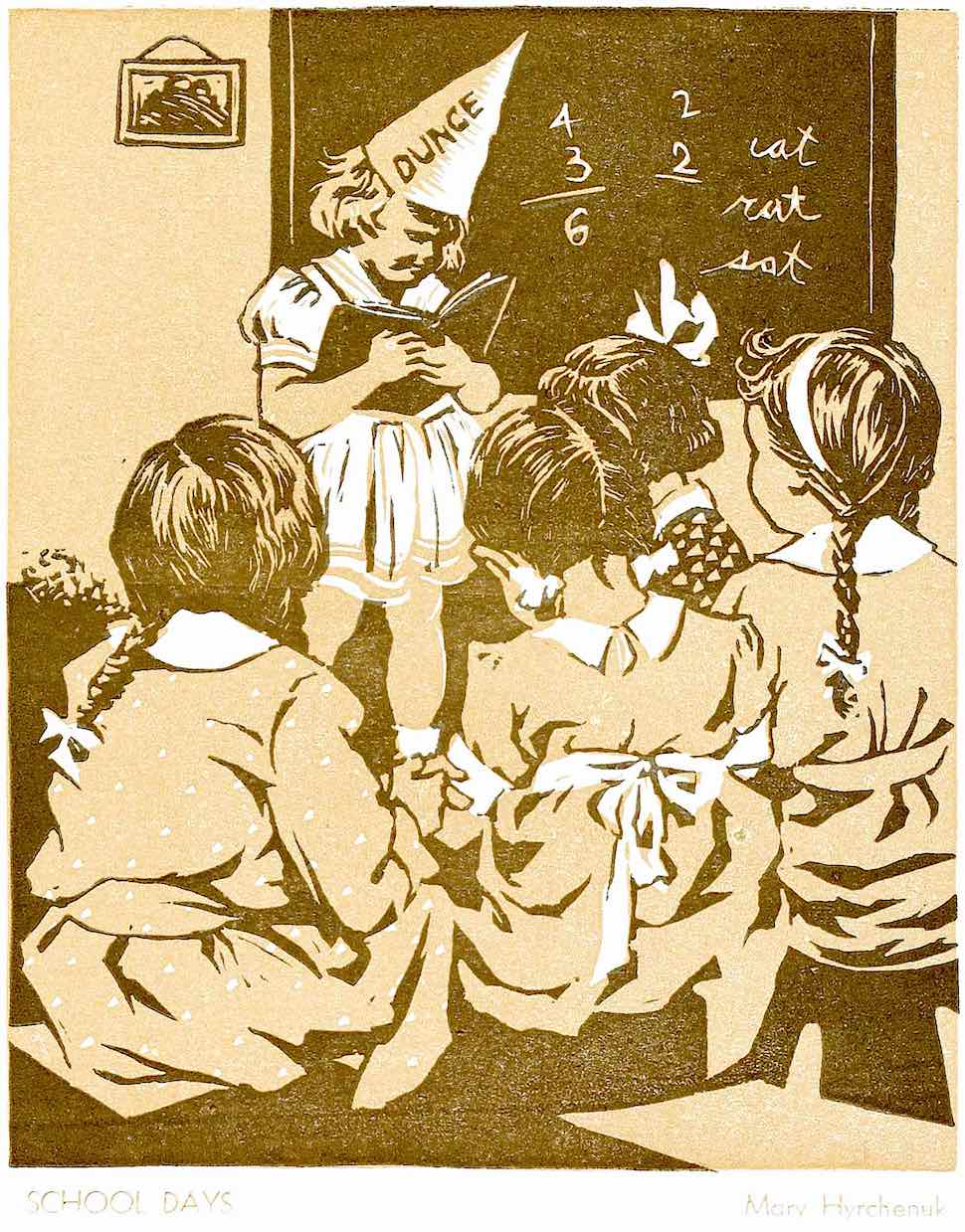 Mary Hyrchenuk 1938 The dunce cap was worn by the least achieving student as humiliation, illustrated by Mary Hyrchenuk 1938