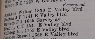 A close-up of the previous image with a list of restaurants under the heading "Rosemead." One of the restaurants is listed as "Bulldog Inn 1153 E Valley blvd."