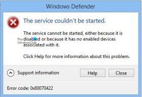 0x80070422 Windows Defender에서 서비스를 시작할 수 없습니다.