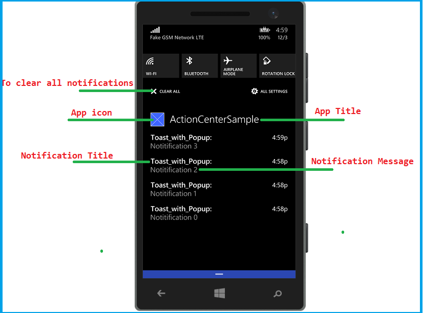 2)Sending a local notification to action center without toast popup: