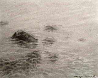 original charcoal sketching of rocks under the water by Manju Panchal