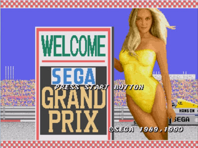 Super Monaco Grand Prix title screen with hot swimsuit babe