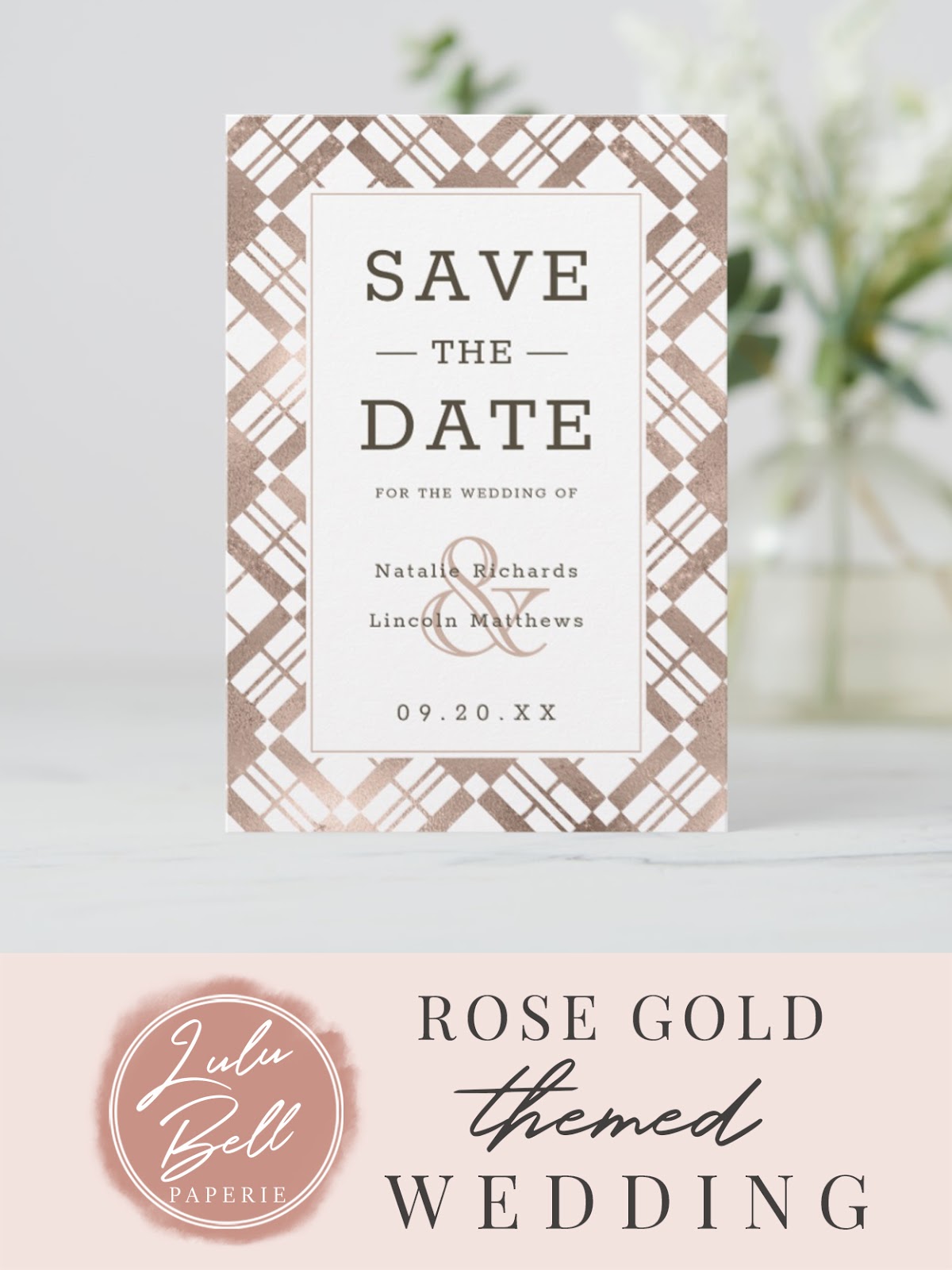 Elegant Rose Gold Plaid Tartan Wedding Save the Date Cards