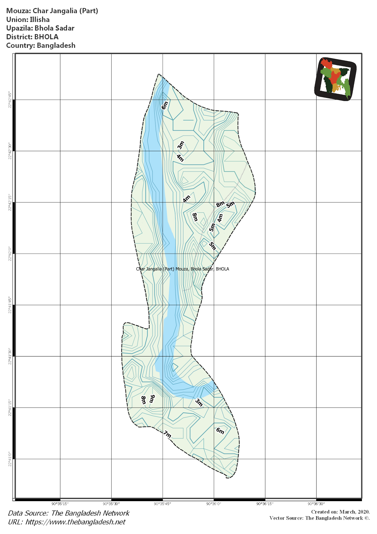 Map of Char Jangalia (Part) Mouza of Bhola Sadar Upazila, BHOLA, Bangladesh.