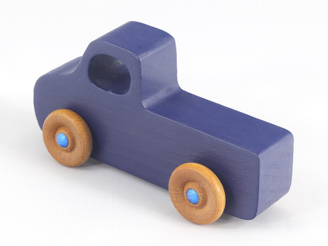 Little Blue Truck Handmade From Wood and Painted Navy Blue With Metallic Blue Hubs