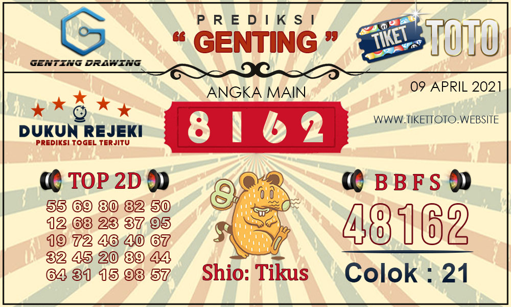 Prediksi Togel GENTING DRAWING TIKETTOTO 09 APRIL 2021