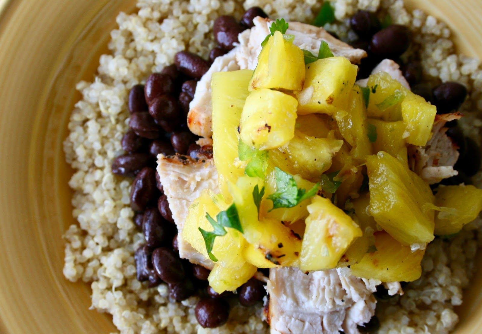 Grilled Cuban Mojo Chicken Quinoa Bowls with Grilled Pineapple Salsa
