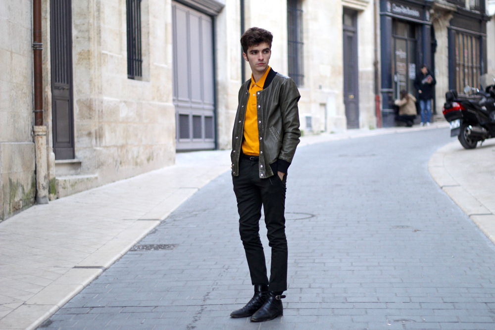 BLOG-MODE-HOMME-dandy-paris-bordeaux-polo-coloré-victomte-a-arthur-roange-jerssey-blouson-cuir-iro-khaki-vert-pantalon-skinny-pinces-hermes-bracelet-binome-style-tendance - 2