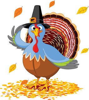 Clipart image of a cartoon turkey wearing a Pilgrim hat for Thanksgiving