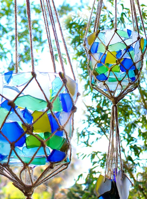 Sea Glass Candle Lanterns Hanging with Rope Net