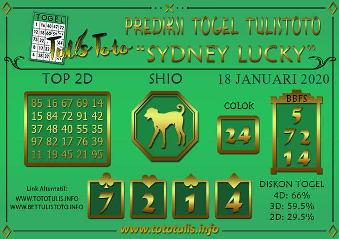 Prediksi Togel SYDNEY LUCKY TODAY TULISTOTO 18 JANUARI 2020
