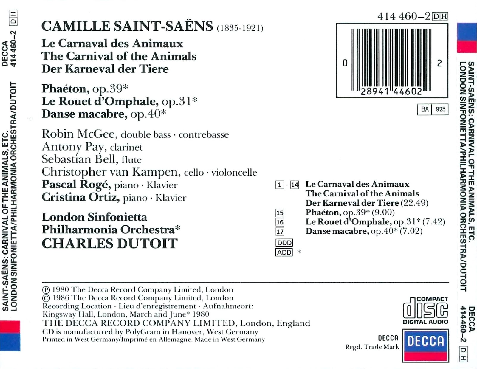 Camille Saint-Saens, Charles Dutoit, London Sinfonietta, Philharmonia  Orchestra, Cristina Ortiz, Pascal Rogé - Saint-Saens: Carnival of the  Animals / Danse Macabre -  Music