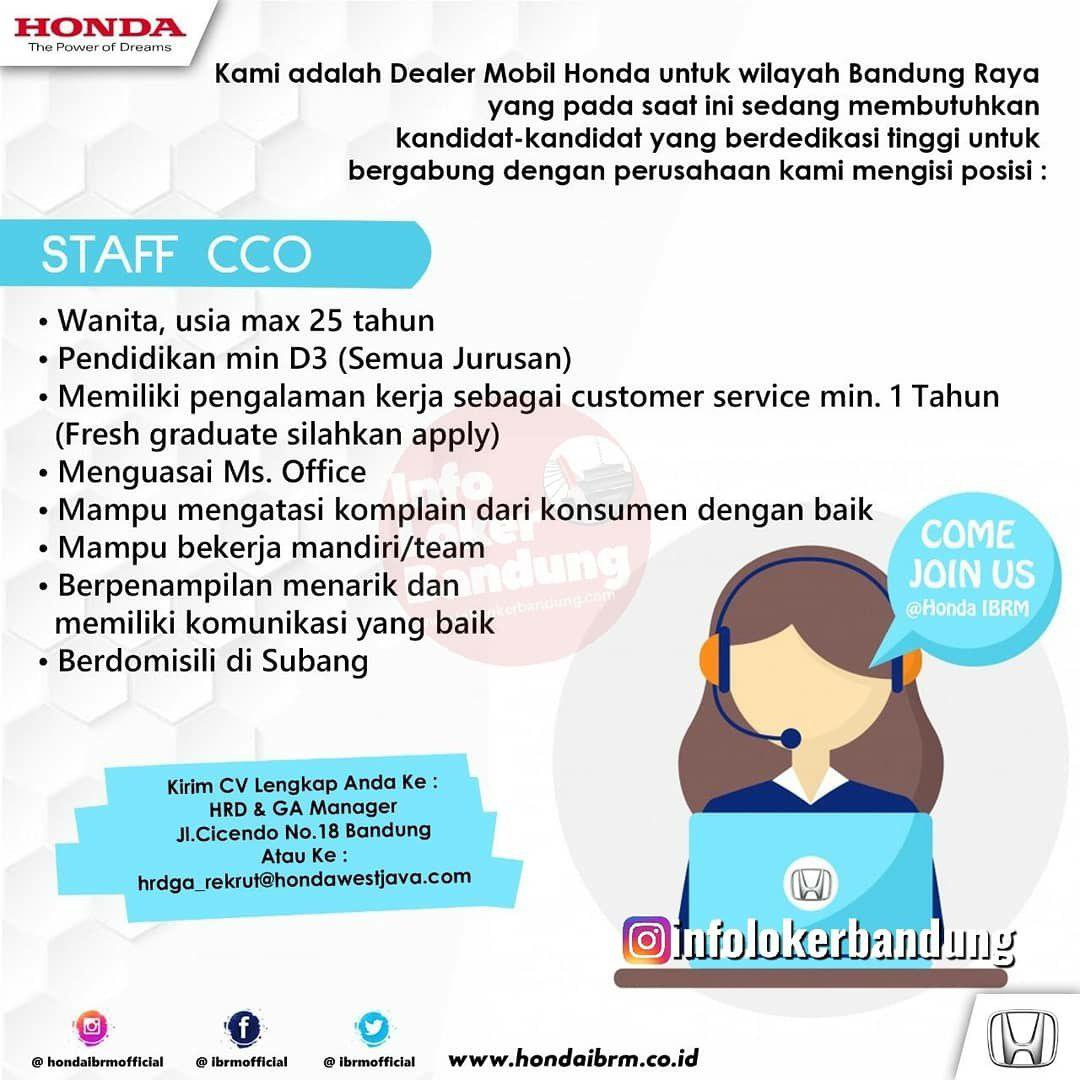 Lowongan Kerja Staff CCO & Sales Counter Honda IBRM Bandung April 2019 Lowongan Kerja Staff CCO & Sales Counter Honda IBRM Bandung April 2019